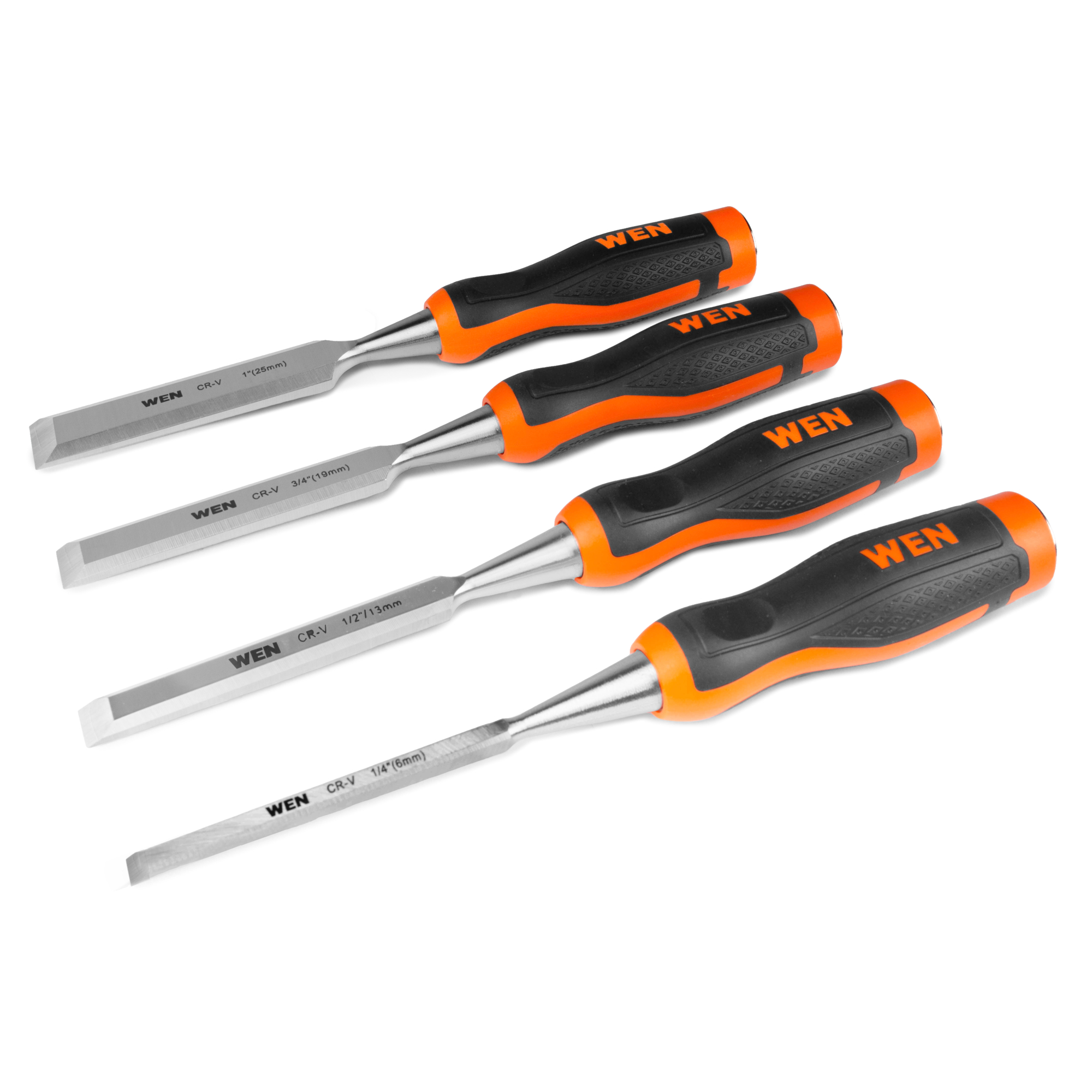 WEN 4-Piece Short Blade Wood Chisel Set - 1/4in., 1/2in., 3/4in., 1in. Widths, Tempered Chrome Carbon Steel, Ergonomic Handles, Model# CH4010